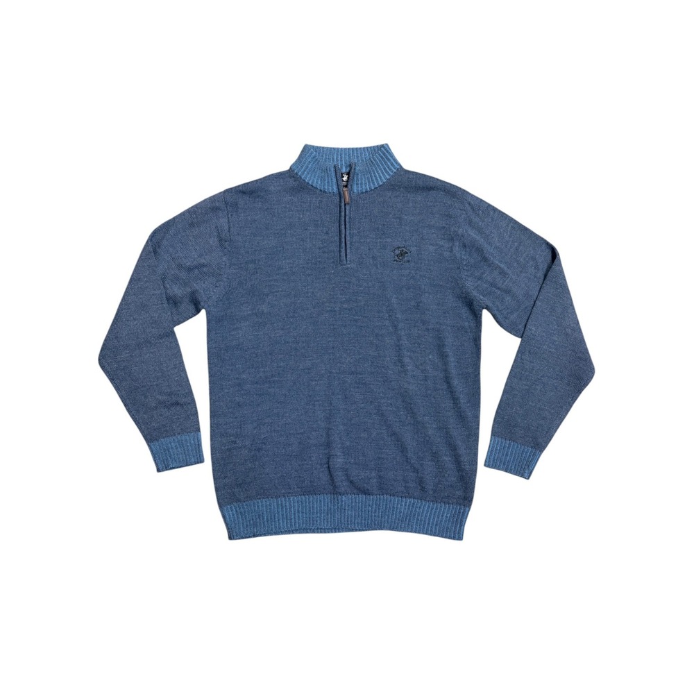 Beverly Hills Polo Club Mens XL Blue Marl Quarter Zip Pullover Sweater Logo